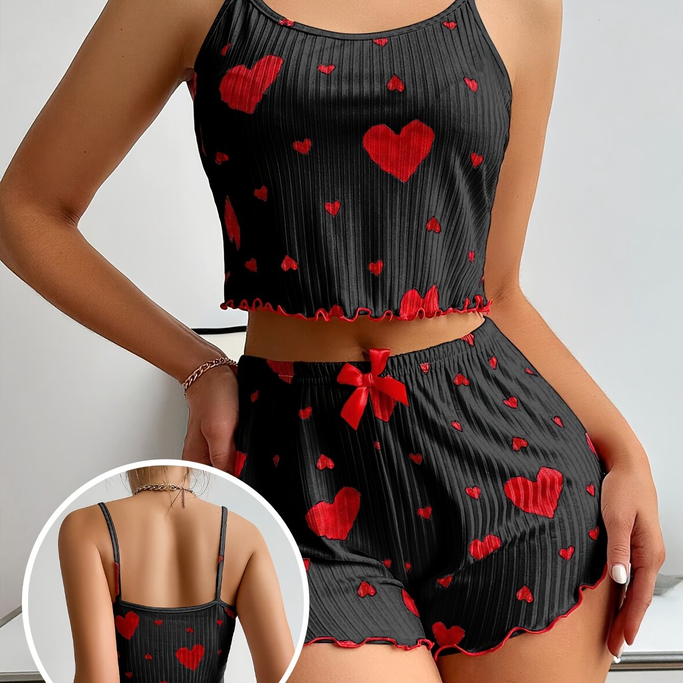 Ladies' Heart Patterned Attractive Ribbed Pajama Ensemble, Round Neck Backless Crop Camisole And Shorts, Cozy Loose Fit, Summer Sleepwear