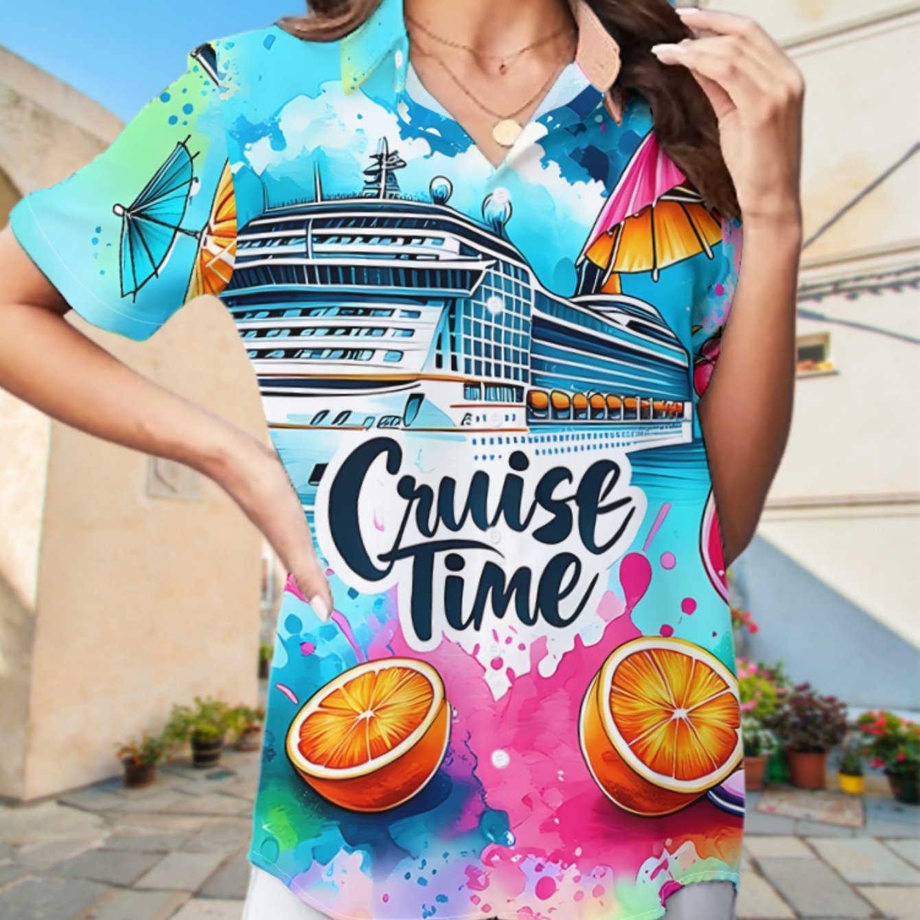 TEMU New Women's Fashion Short Sleeve Shirt, Cruise , Vibrant Special Drink You To Start A Pleasant Journey, Holiday Party Commute All-match, Fabric