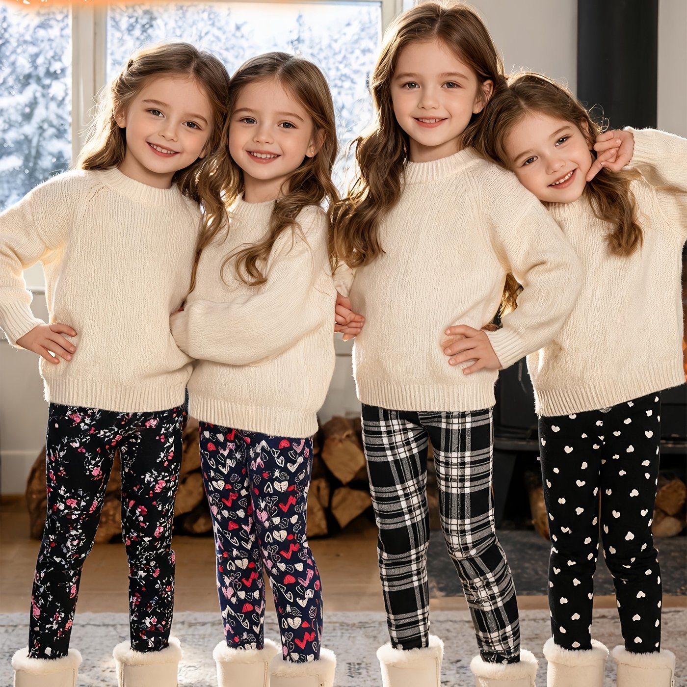 Image of 4-pc Girls' Autumn/winter -lined Ankle Pants, Breathable And Warm, Versatile Printed Leggings For Kids In Fall