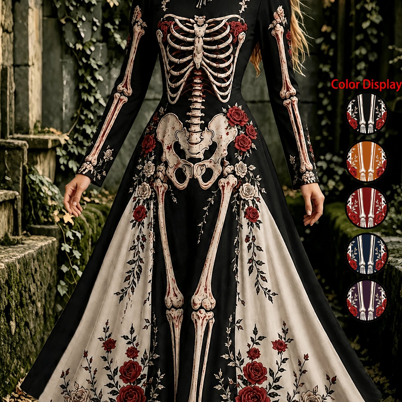 TEMU Robe longue à manches longues pour femme avec imprimé et rose d'Halloween, robe longue évasée vintage à col rond, costume de cosplay pour fête