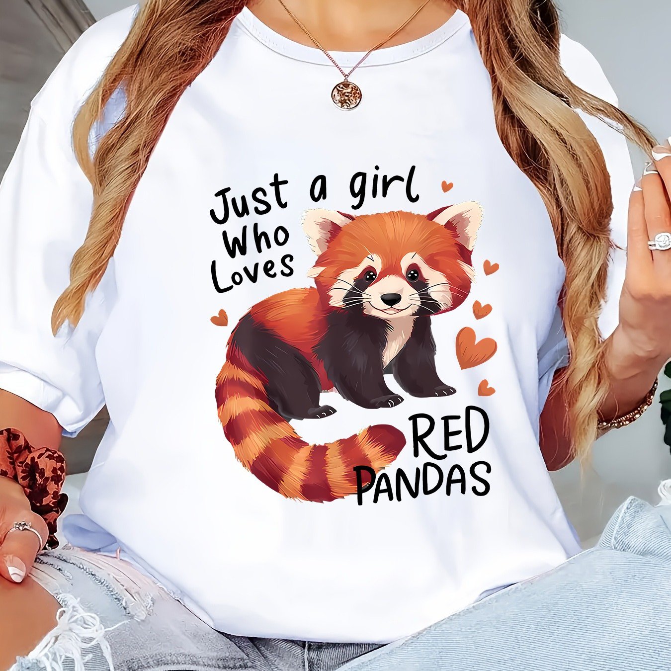 TEMU Women's Cute Panda Print T-shirt - "just A Who Pandas" Slogan, Soft Round Neck Short Sleeve Casual Top With Panda Face & Paw Print Design,