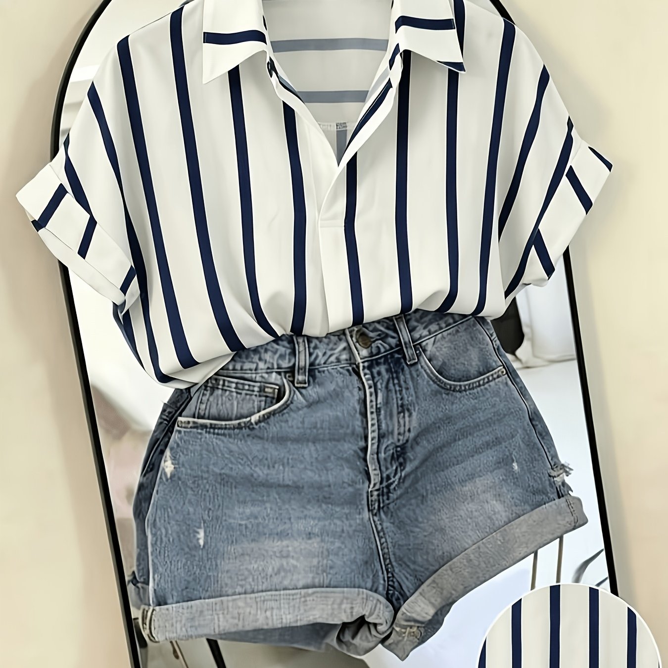 TEMU V-neck Striped Casual Loose Short-sleeve Shirt Women's Pullover Top