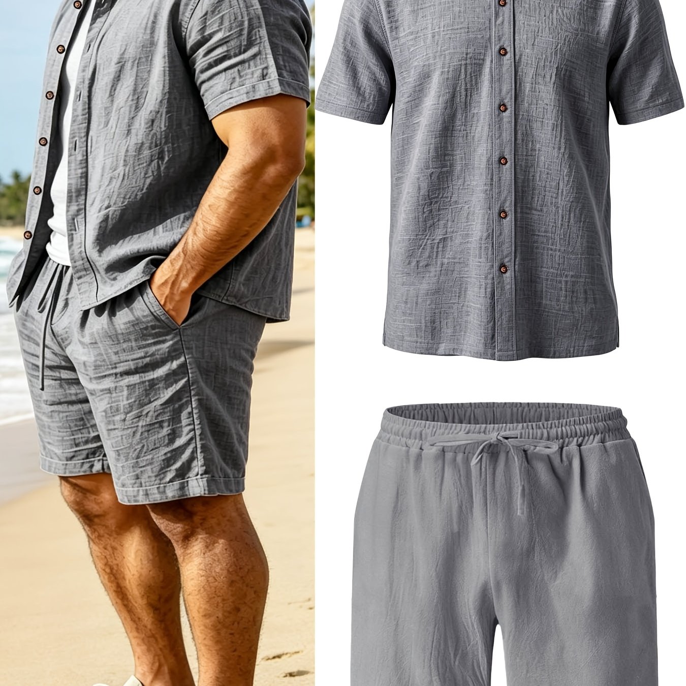 TEMU Ensemble pour Homme en Lin : Chemise à Manches Courtes + Short, Ensemble 2 Pièces, d'Été, Col , Couleur Unie, Respirant, Décontracté, T-shirt à