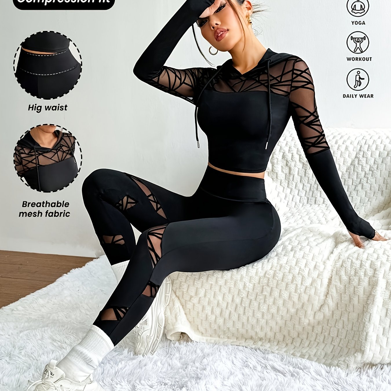 2pcs Women's Athletic Set, Mesh Panel Hooded Top With Thumbholes, And High-waist Leggings, Pants, Fitness Wear