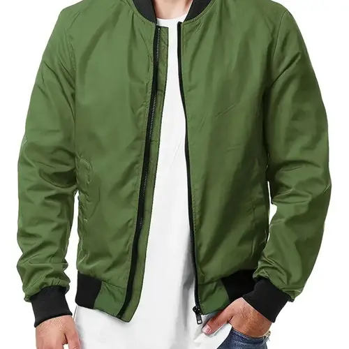 mens casual varsity polyester solid color stretch woven fabric loose fit with cardigan collar and zipper detail for fall winter flight jacket coats