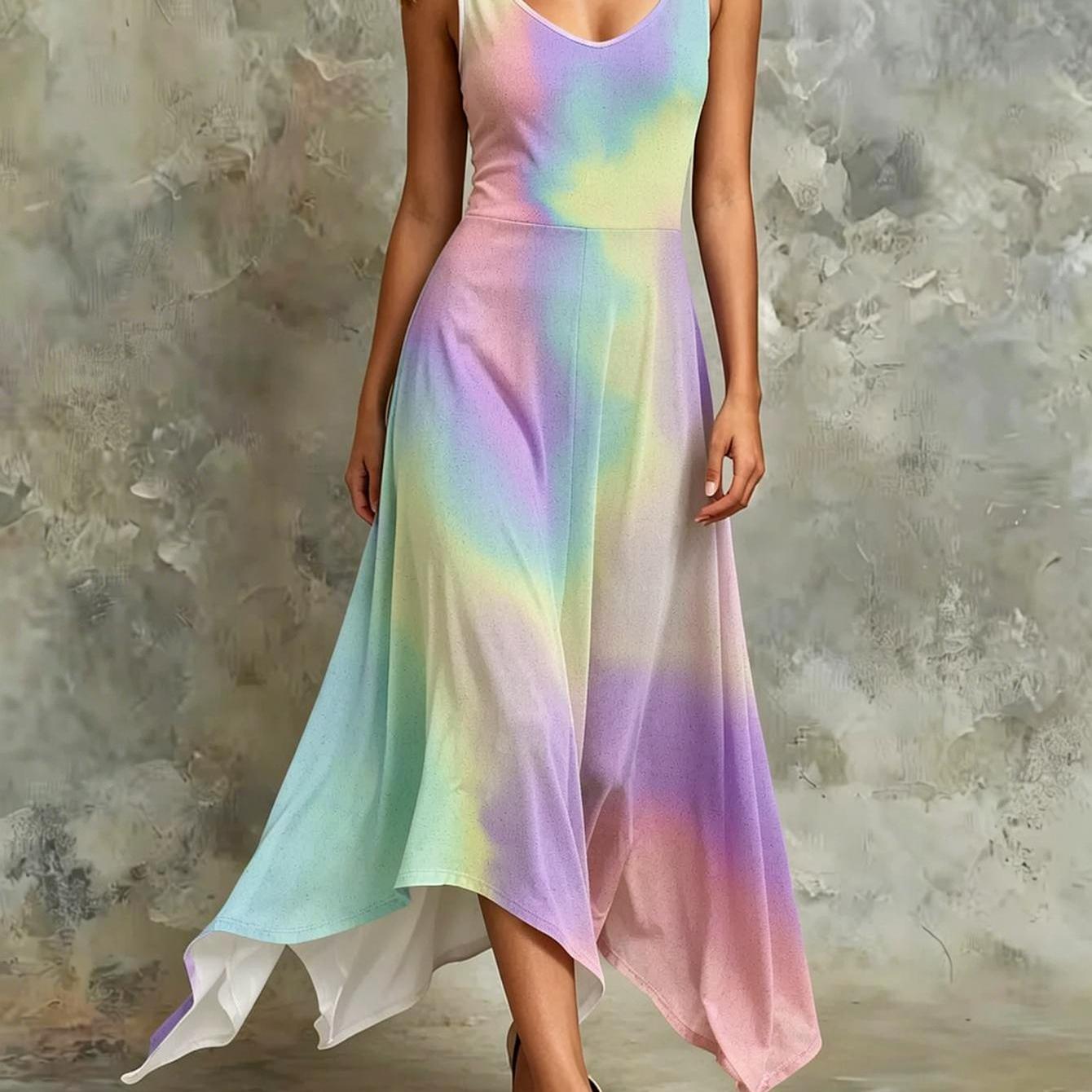 Elegant Women's Dress Pastel Tie-dye Sleeveless, Elegant Summer Style, Perfect For Casual Attire, Flat Print Pattern, Fashionable And Trendy Dress.