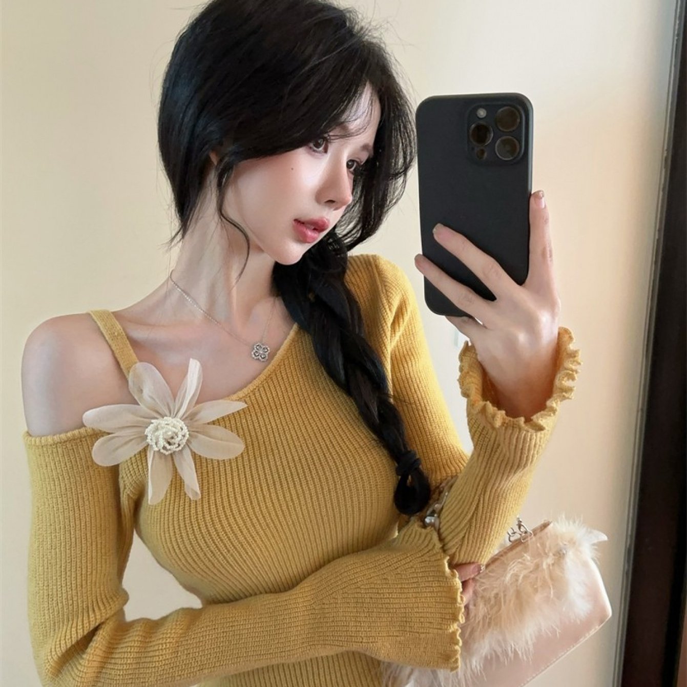 TEMU 【商品名】アネック、立体的な花柄デザイン、ストラップ、オフショルダーのフリルが特徴的な、レディース向け万能セーター