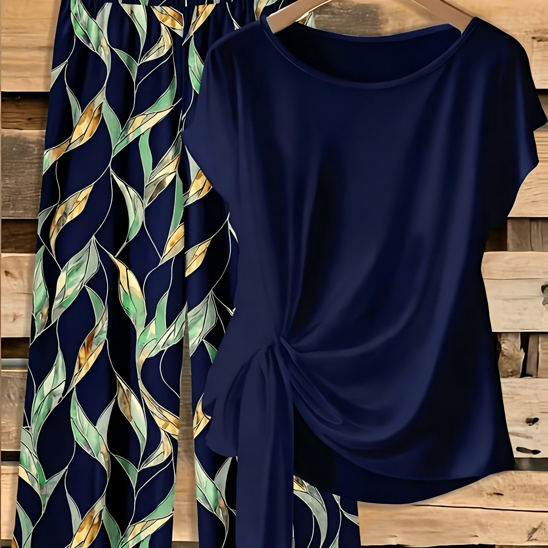 TEMU Plus Size, A Women's Casual Navy Set With Pants Featuring A Bow And A Loose Geometric Pattern. The Top Includes An Elastic Waistband For Added ,