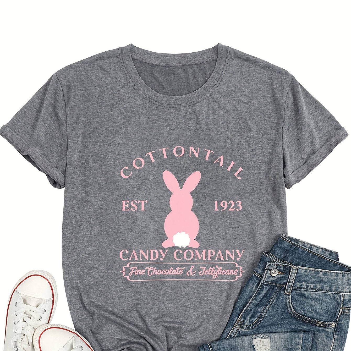 TEMU Easter-rabbit Pattern-print Crew Neck T-shirt, Spring/summer Casual Short-sleeved T-shirt, Women's