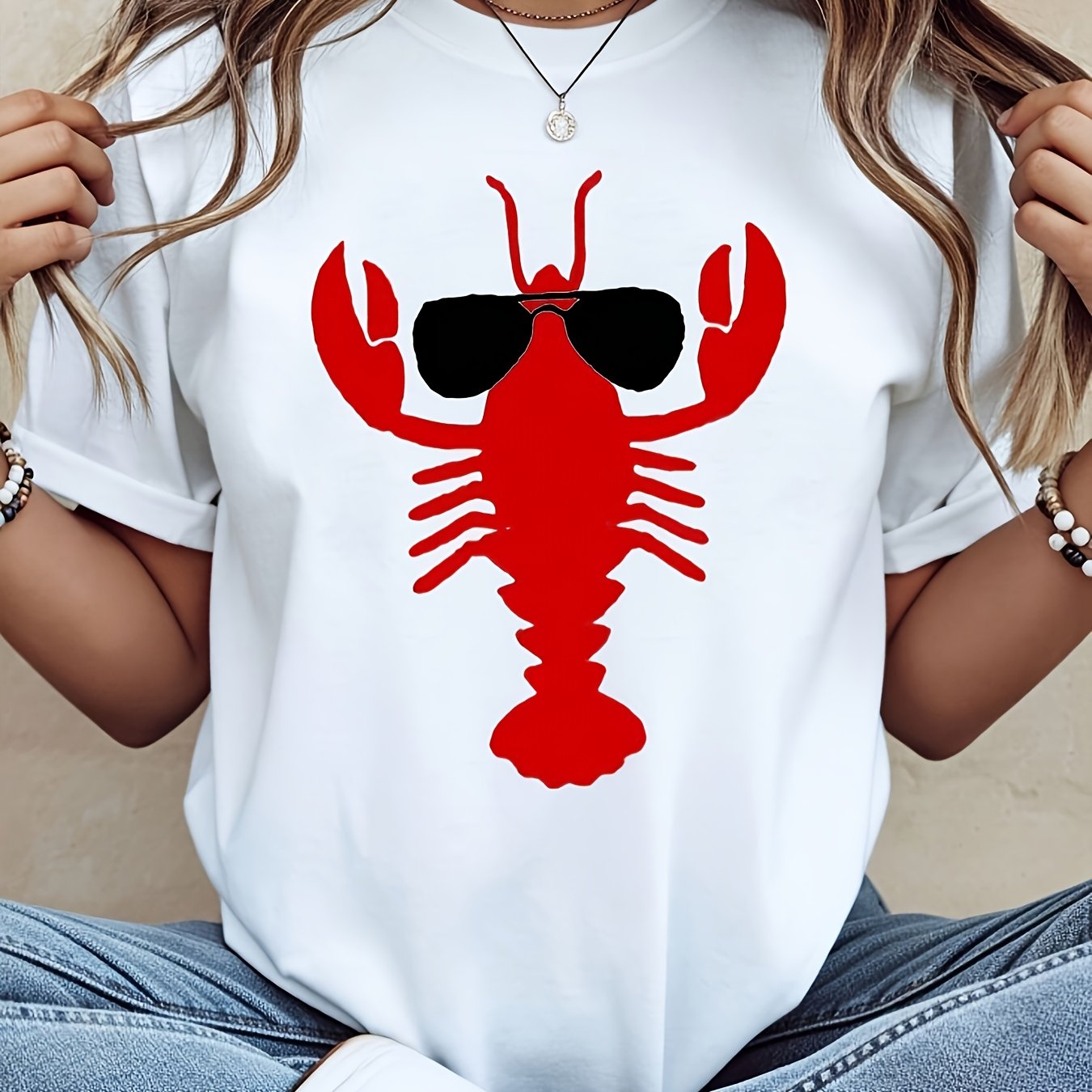 TEMU Fun Lobster, A Printed Design | Versatile Round Neck Short Sleeve Women's T-shirt For Spring And Summer, Comfortable And Practical,