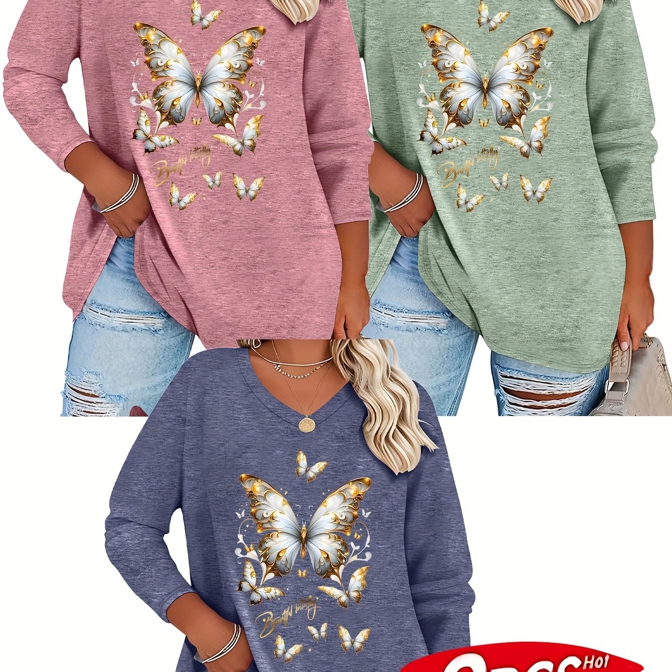 TEMU Plus Size - Plus Size - [Vielseitiges T-Shirt Dreiteiler Set] Neues Frühling/Sommer Plus Size Damenmode Schmetterling Druck Casual Langarm