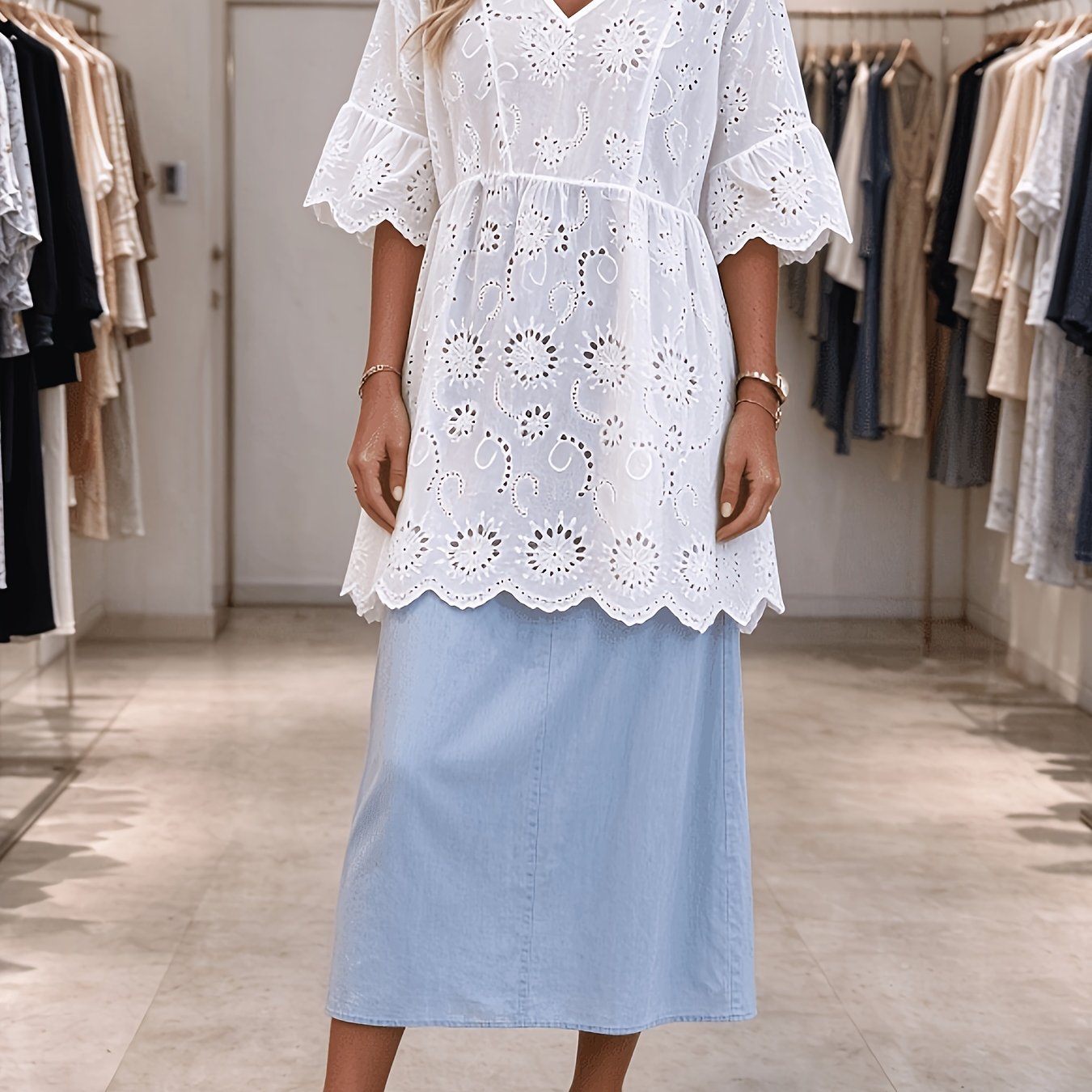 TEMU New Hollow-out V-neck Mid-length Sleeve Summer Designer Top "niannian