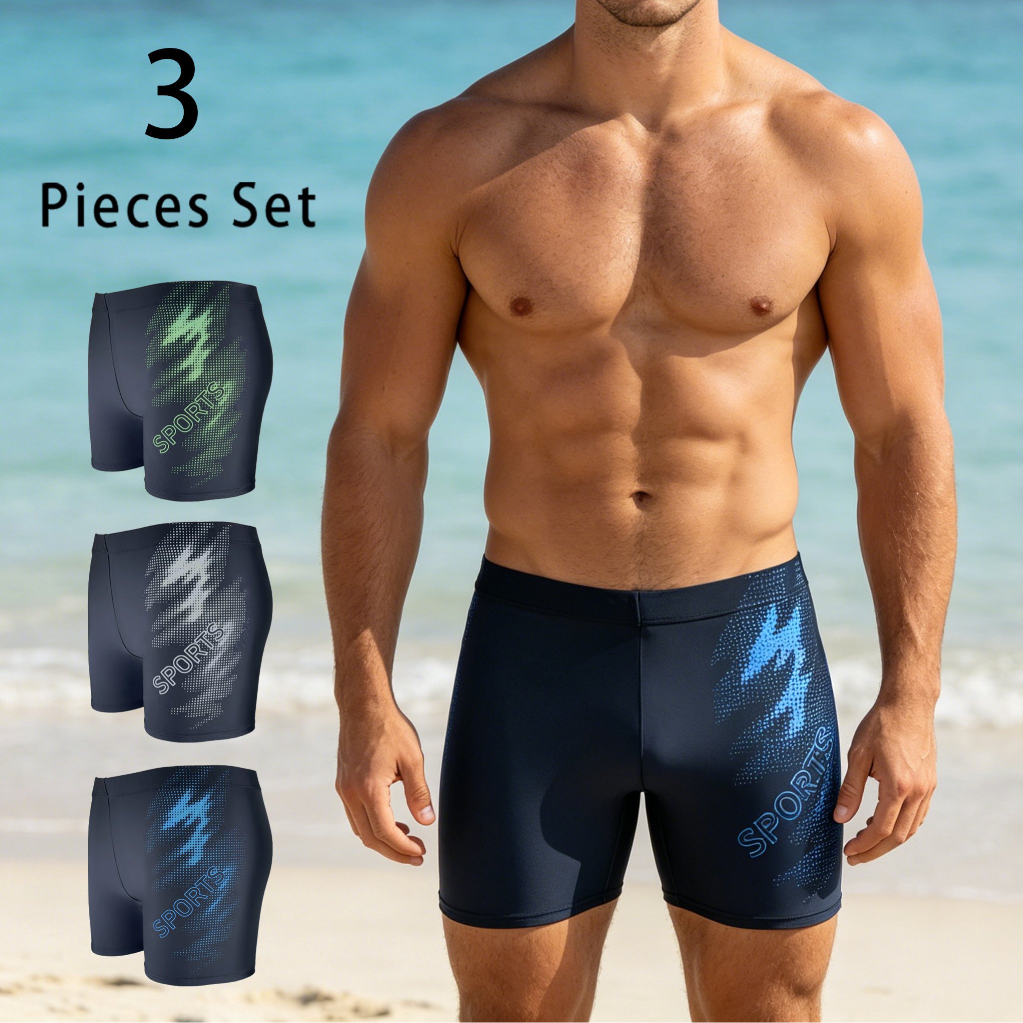 Image of 3-pc Men's Swim Trunks, Quick-dry And Breathable, Lightweight And Comfortable, Men's Swimwear Suitable For Beach Swimming, Surfing, Vacations, And Pool Wear, In Plus Sizes