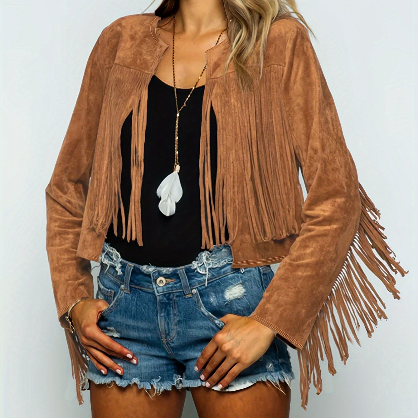 TEMU Elegant Women's Lightweight Suede Cardigan Jacket With Tassel Detail - Casual Western Style, Open Front, Round Neck