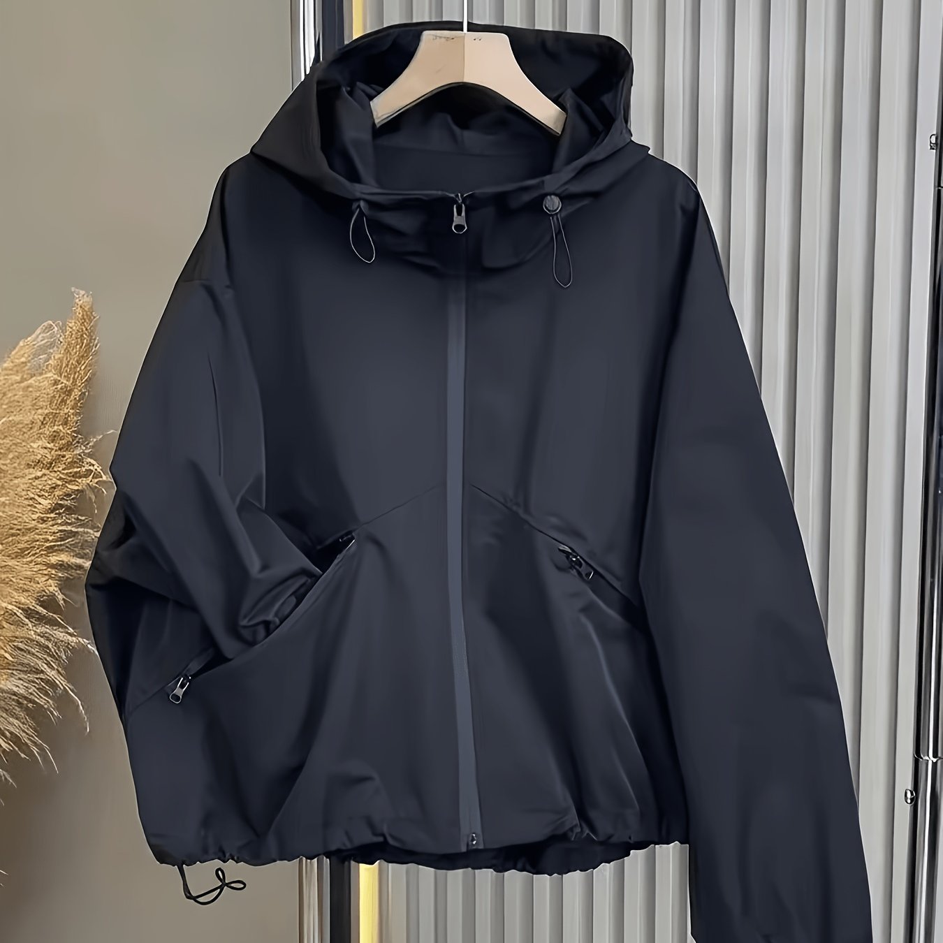 TEMU 2025 New Autumn Women's Casual High-end Black Hooded Windbreaker Jacket, Trendy Women's Outerwear