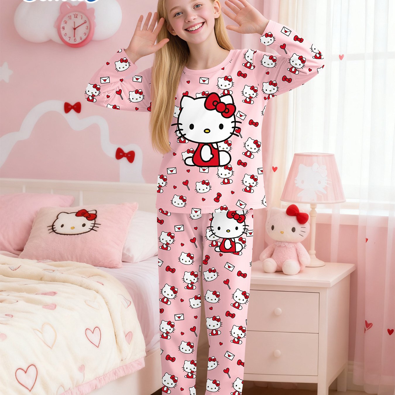 (flame Retardant) Authorized Pink Hello Kitty Pink Print With Cartoon Pattern Print Long-sleeved Long Pants Two-piece Set Worn Outside
