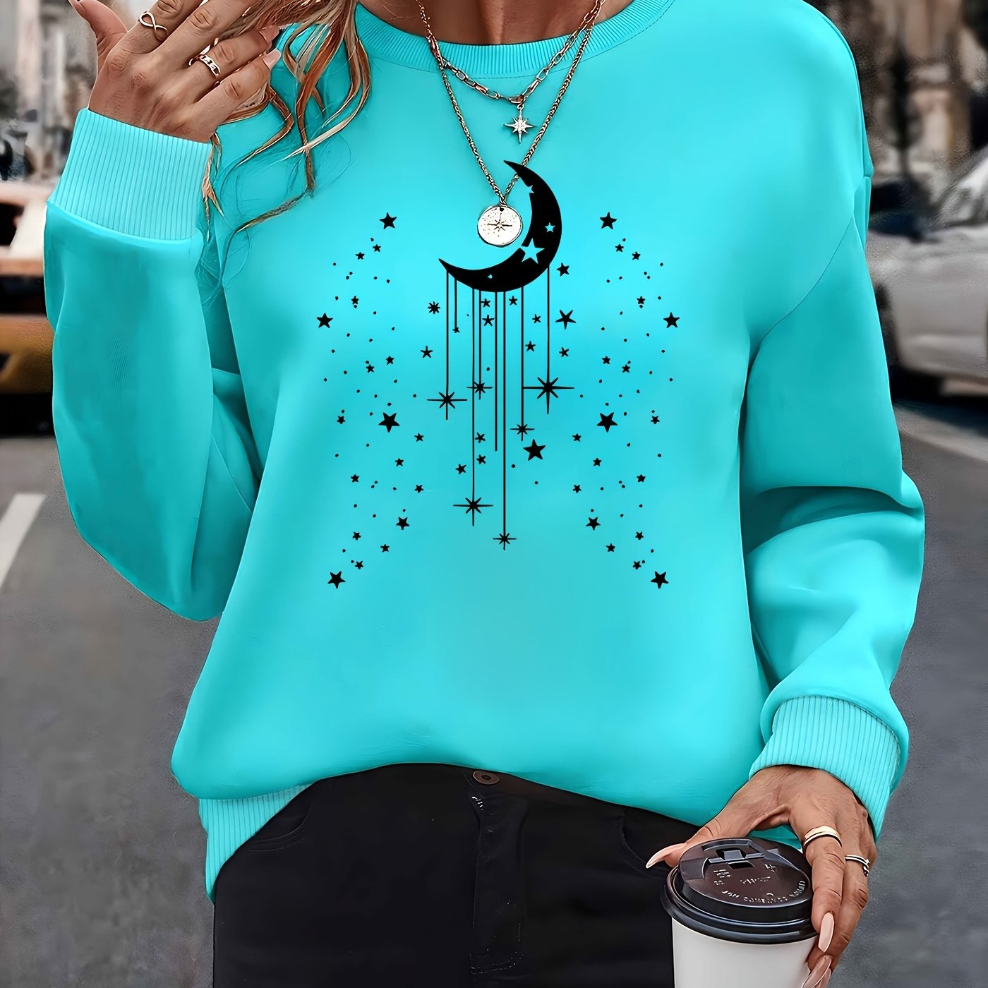 Moon And Stars Long Sleeve -lined Crewneck Sweatshirt For Women