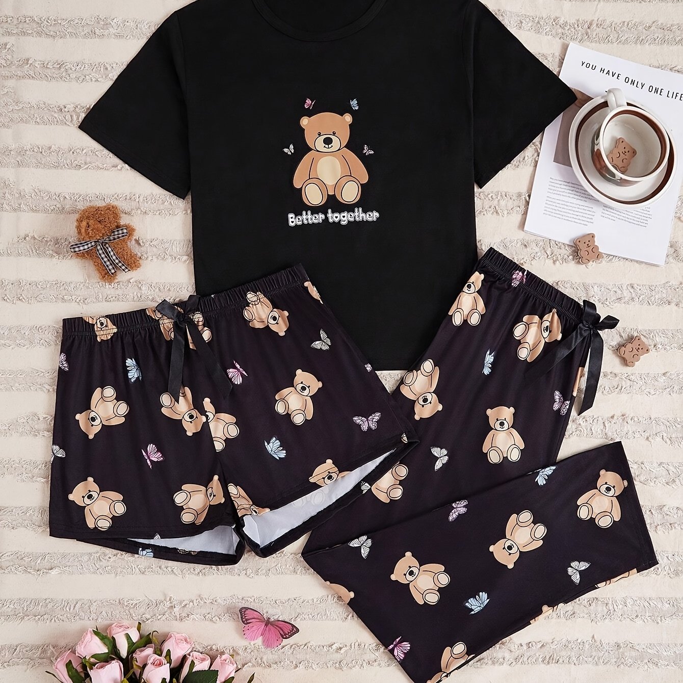 Women's Pajama Set, Casual Cute Bear And Pattern Decor, Belt Bow Detail, Soft Short Sleeve Top And Elastic Waist Shorts And Pants, Loose Fit For Comfortable Wear, Perfect Sleepwear , Ideal Gift For