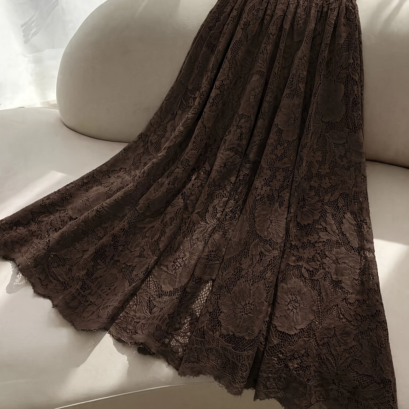 TEMU Ladies' Elegant Lace Floral A-line Midi Skirt With Full Flared Hem
