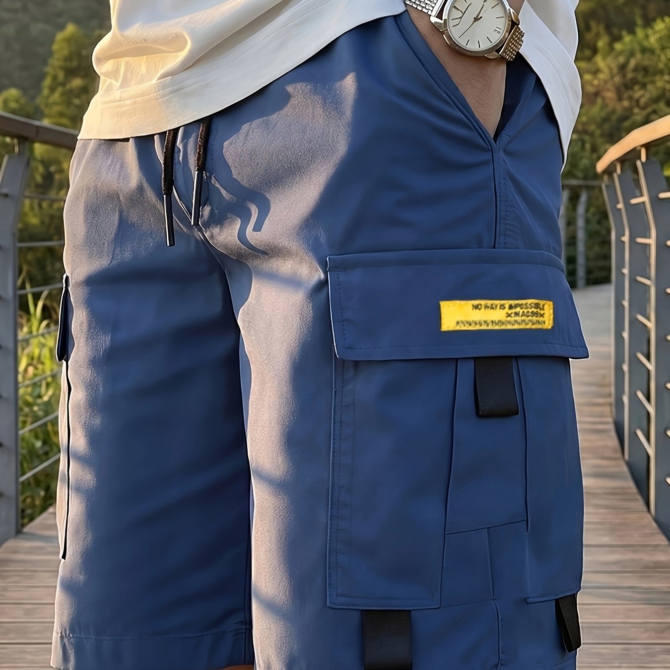 TEMU Men's Summer Multi-pocket Cargo Shorts, European Size Casual Shorts, Outdoor Sports Shorts, Polyester Fabric, Drawstring Waistband, Multi-pocket