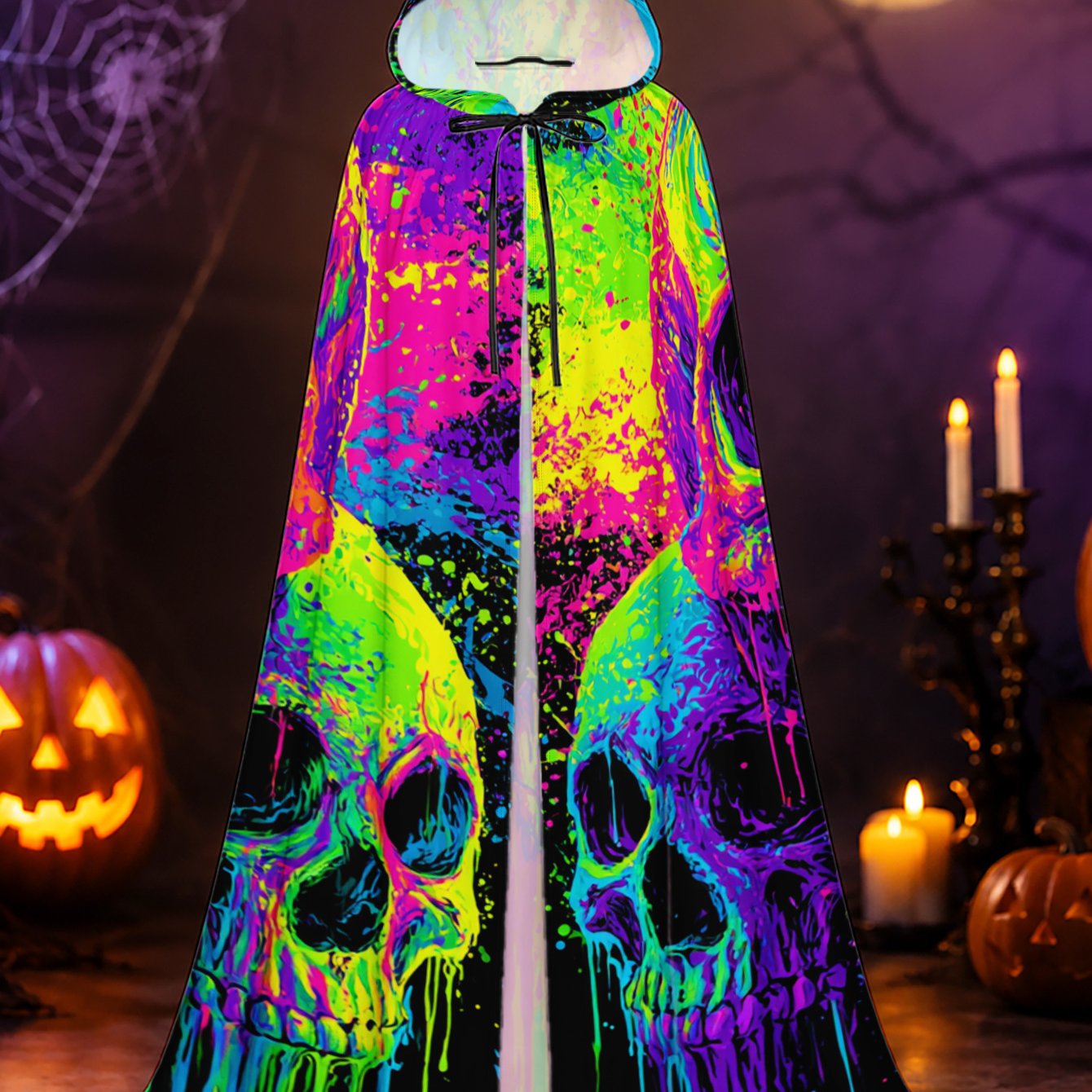 TEMU 1pc, Adult Long Cape With Psychedelic Neon Skull Print, Durable Polyester Fabric, Ideal For Halloween Masquerades And Christmas Themed Costume