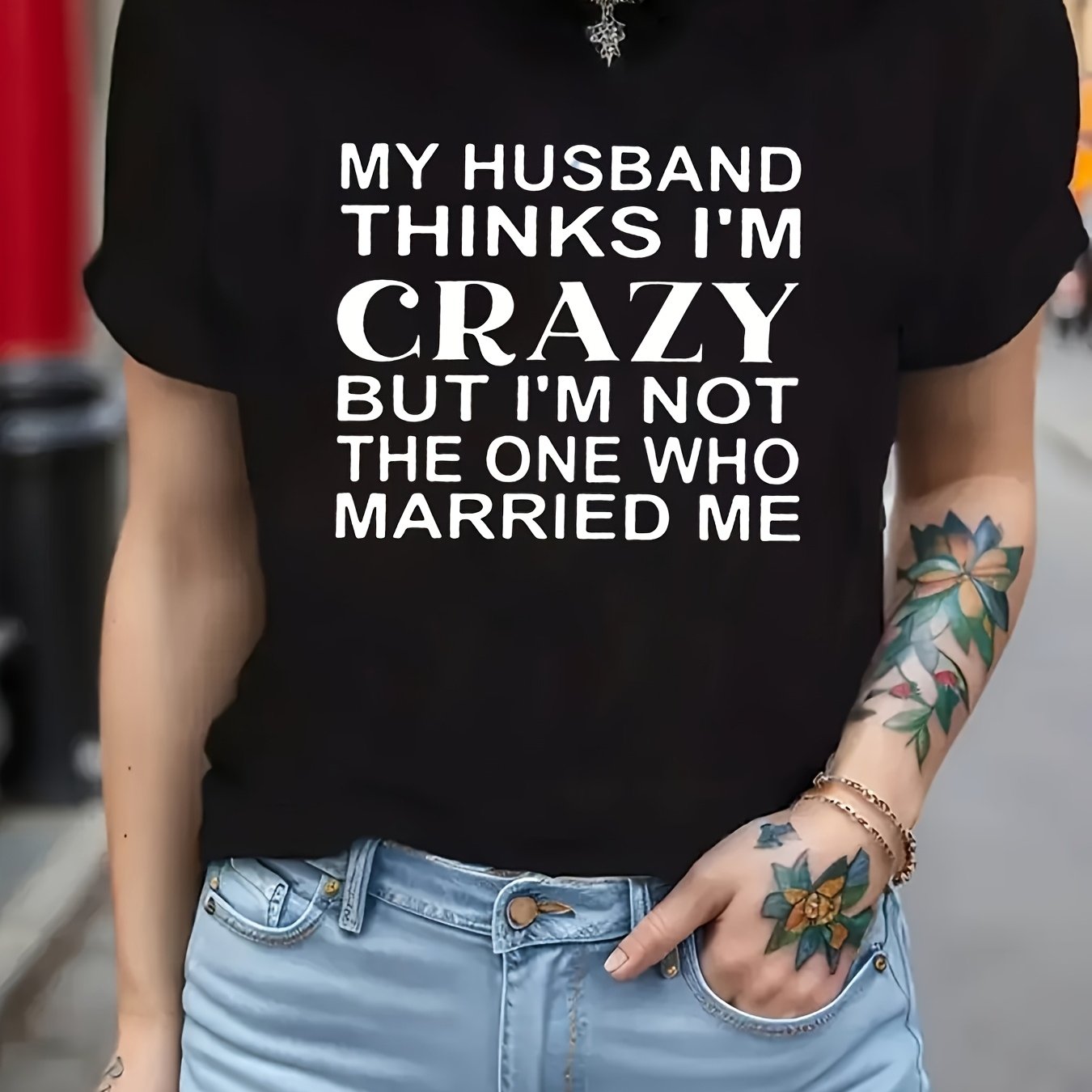 TEMU Women's "i'm Compatible For My Husband Finds Me Crazy" Funny Marriage Humor T-shirt - Casual Short Sleeve Round Neck Tee Suitable For Funny
