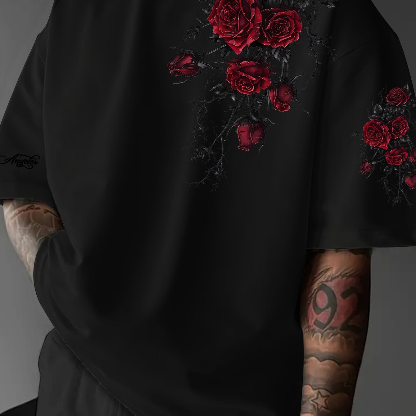 TEMU Y2k Gothic Dark Style Red Rose And Thorns Print T-shirt - Men's T-shirt, Round Neck T-shirt For Men Summer Clothing, Men's Clothing, Streetwear