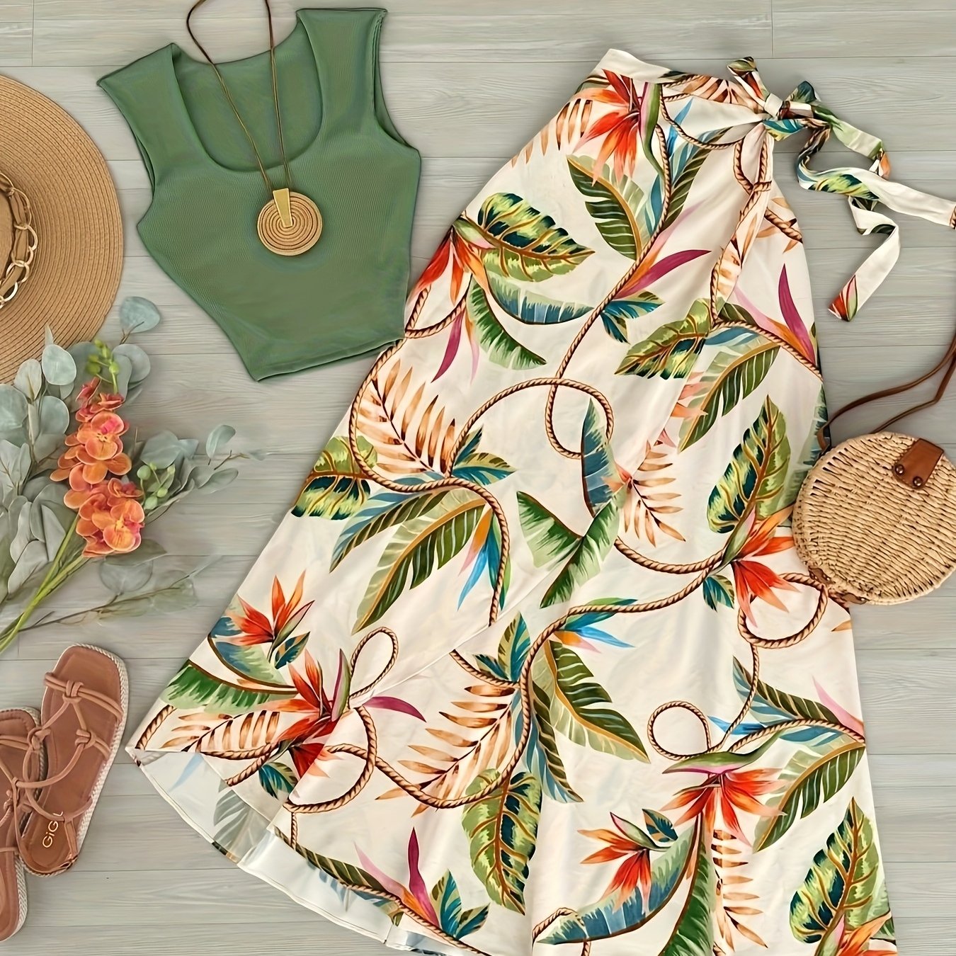Image of Fashionable Top Printed Wrap Dress Women's Outfit, Two-piece Set For Women, Summer Wear