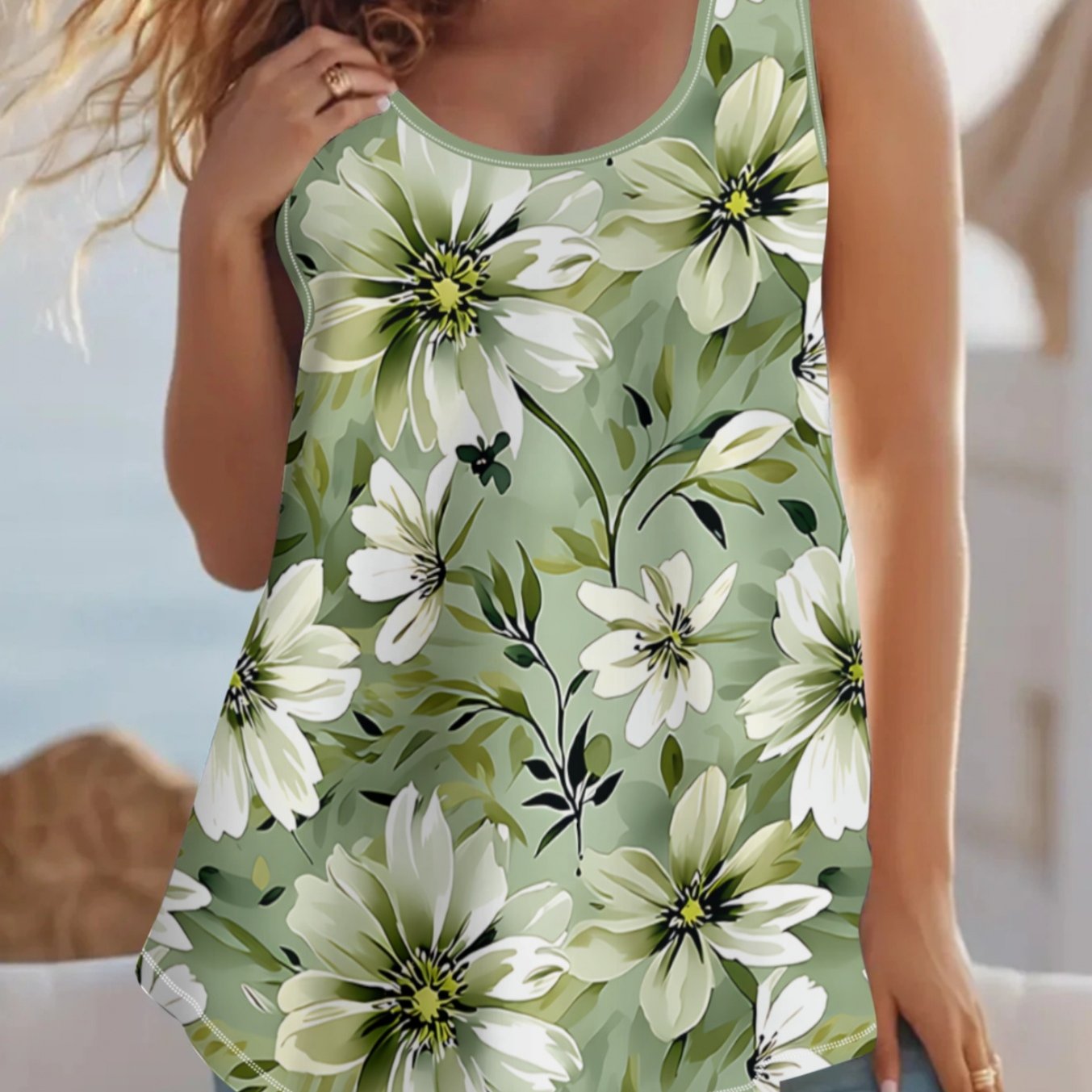 TEMU Plus Size - Plus Size Women's Pastoral Watercolor Big Flower Loose Tank Top, Daily Casual Outer Sleeveless Top