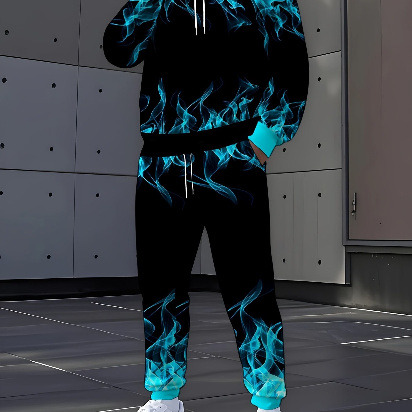 TEMU Trendy Blue Flame Pattern Hoodie And Pants Set Fashion Casual Two-piece Comfortable Breathable Daily Outdoor Sports Suit For Men And Women