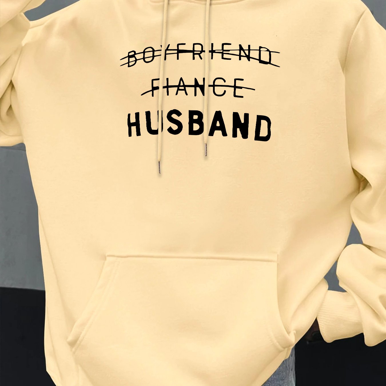 TEMU Men's Casual Hoodie With "boyfriend Fiance Husband" Graphic Print - Dark Green, Drawstring, Pockets, Lightweight Polyester, Everyday