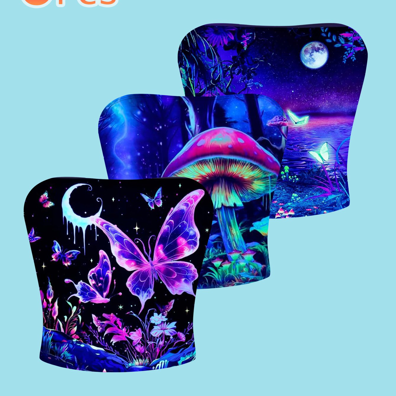 TEMU [3pcs Set] Neon Plant Print Women's Strapless Bandeau, Casual Style