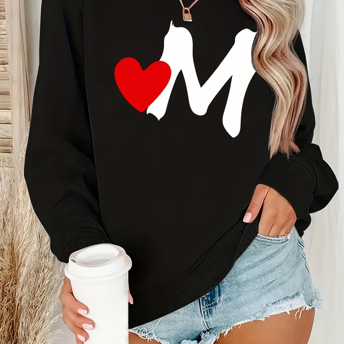 TEMU Classic Crewneck Pullover Sweatshirt With Lining, Featuring Positioned Prints, Versatile And