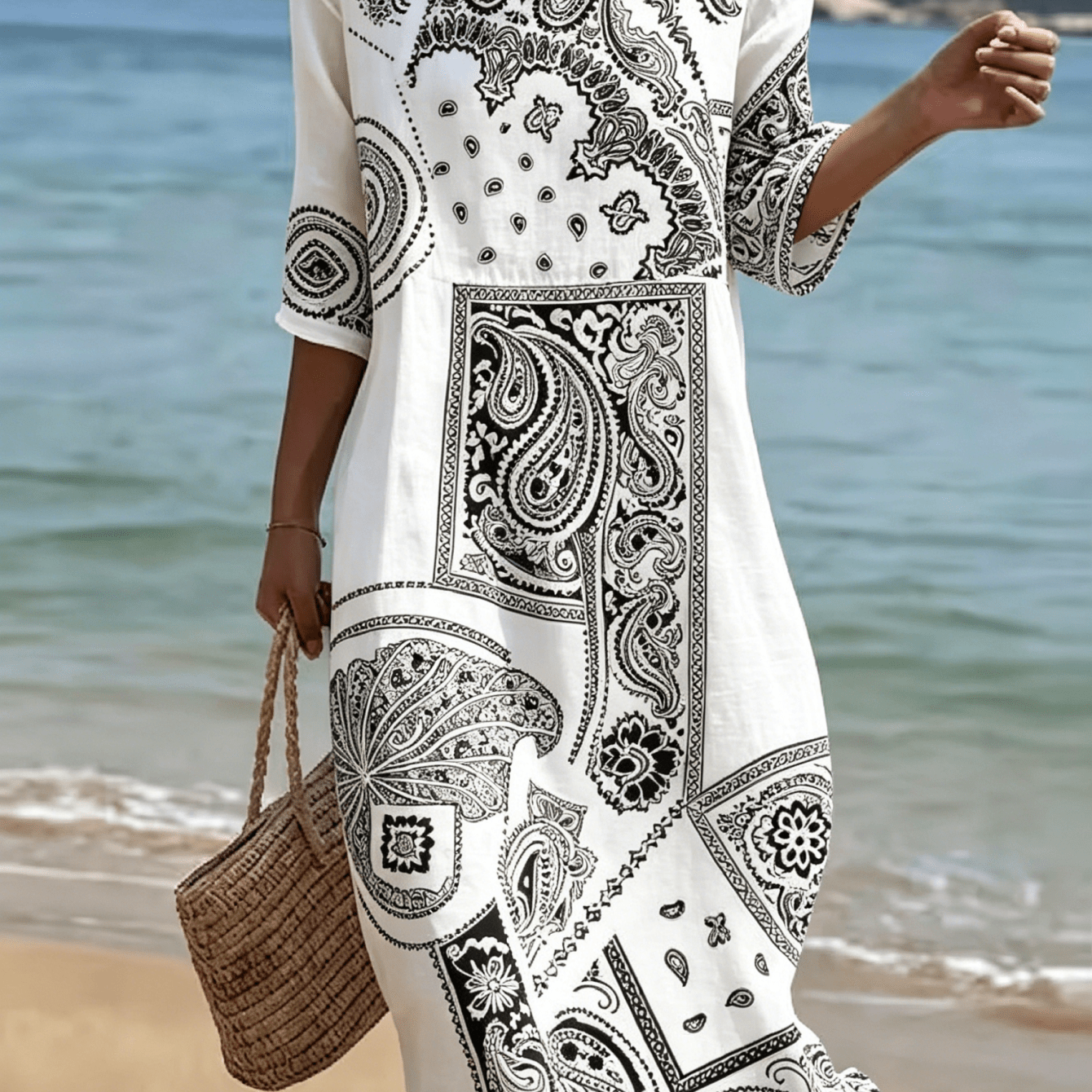Image of Women Boho Paisley Print Beach Midi Dress, Casual Loose Half Sleeve Round Neck Flowy Polyester Fiber Fabric Vacation Dress, Elegant Bohemian Sun Beach Cover Up Sundress