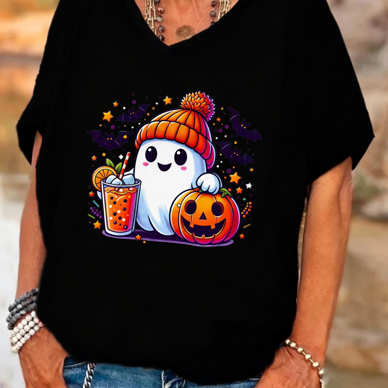 TEMU Plus Size - Cute Halloween Pumpkin Print Women's V-neck Batwing Sleeves T-shirt Casual Autumn Holiday For Mom Wife Girlfriend