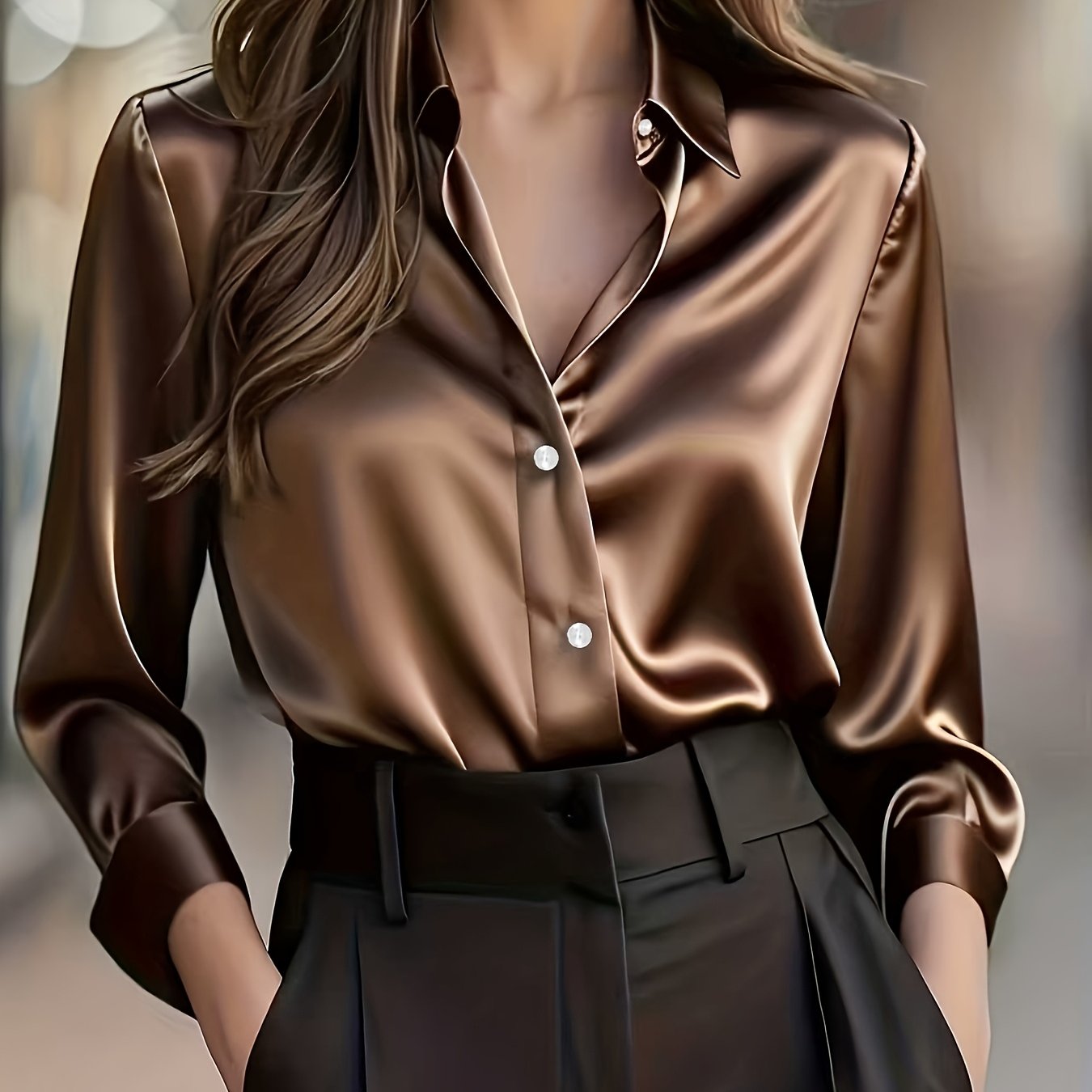 TEMU Women's Elegant Solid Color Satin Top For Spring And Autumn Commutes