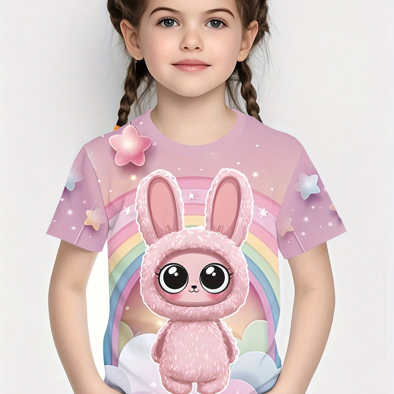 Girls' Summer Bunny 3d Print T-shirt - Short Sleeve Round Neck Cute Outfit, Lightweight Breathable Kids' Wear Suitable For Outdoor Sports & Summer Activities - ' Clothing (machine Washable)
