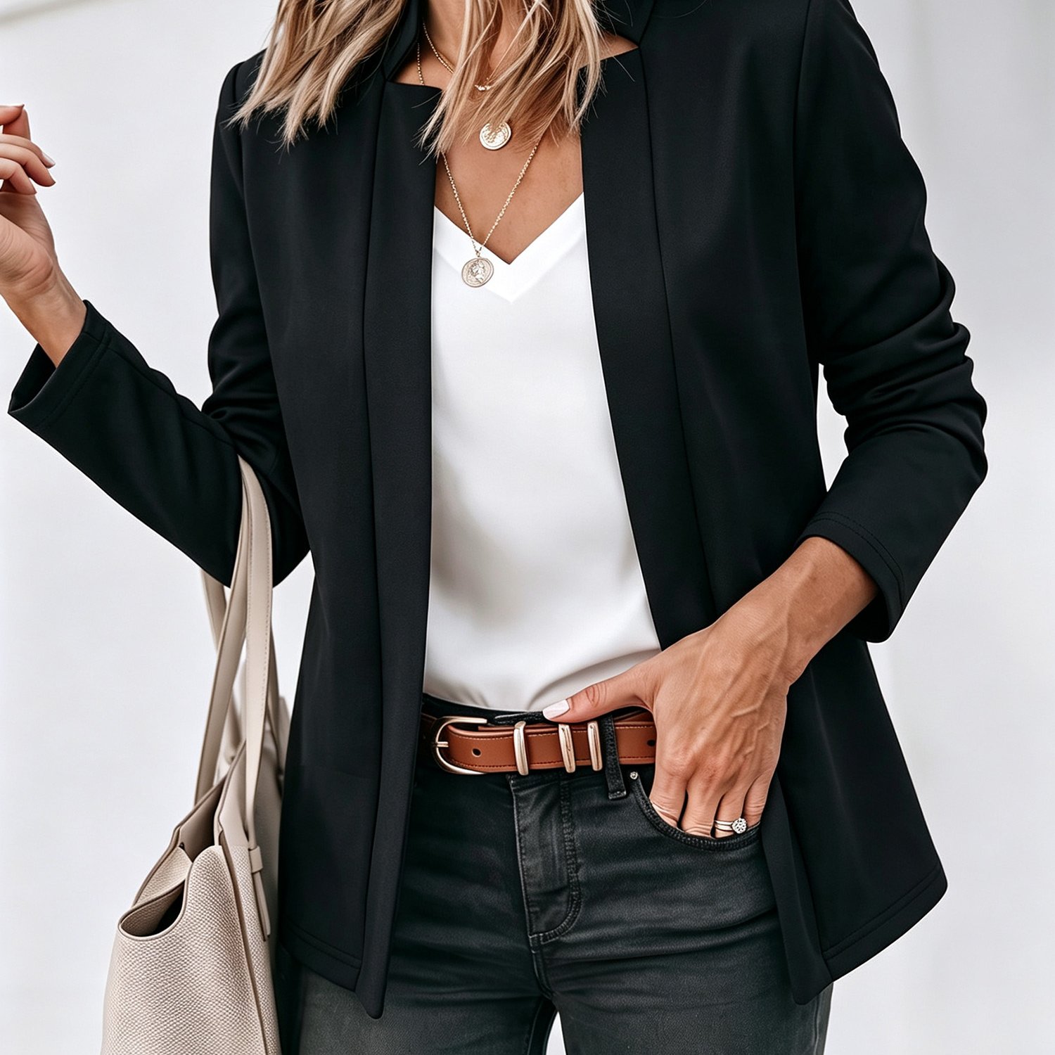 TEMU Autumn/winter Women' Color Open-front Blazer, Long Sleeve Slim-fit Simple And Elegant Suit Jacket, Versatile Office- Outerwear