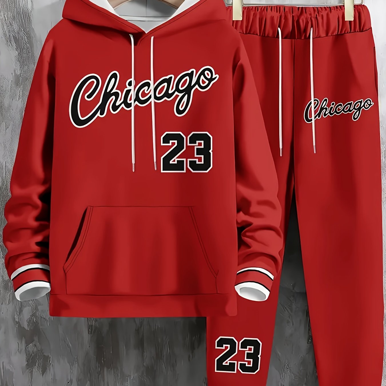 TEMU Plus Size Men's 2pcs Set, Chicago Size 23 Printed Hoodie Set - Soft Hoodie & Kangaroo Pocket Long Sleeve Top   Drawstring Pocket Jogging Loose