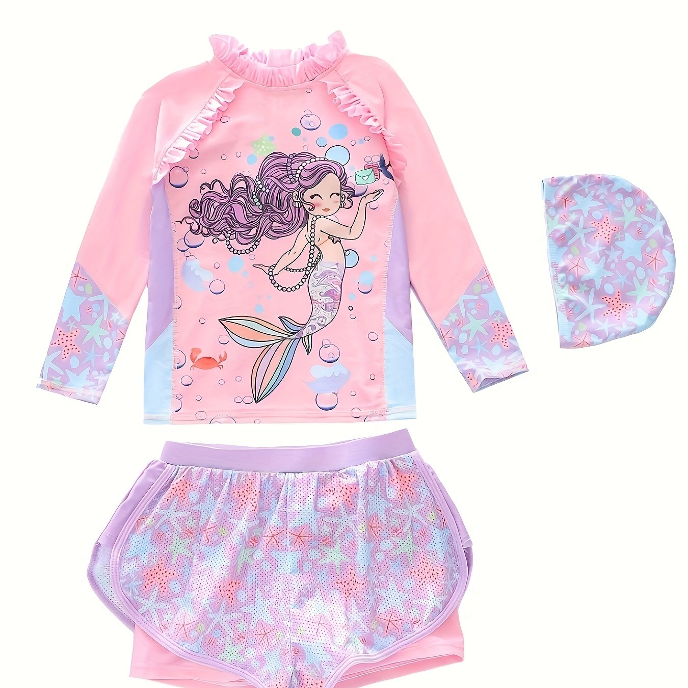 TEMU Girls' Swimwear New Children's Swimwear 's Bikini Mermaid For Lotus Edge Bow Swimwear Girls' Swimwear Easter Gift