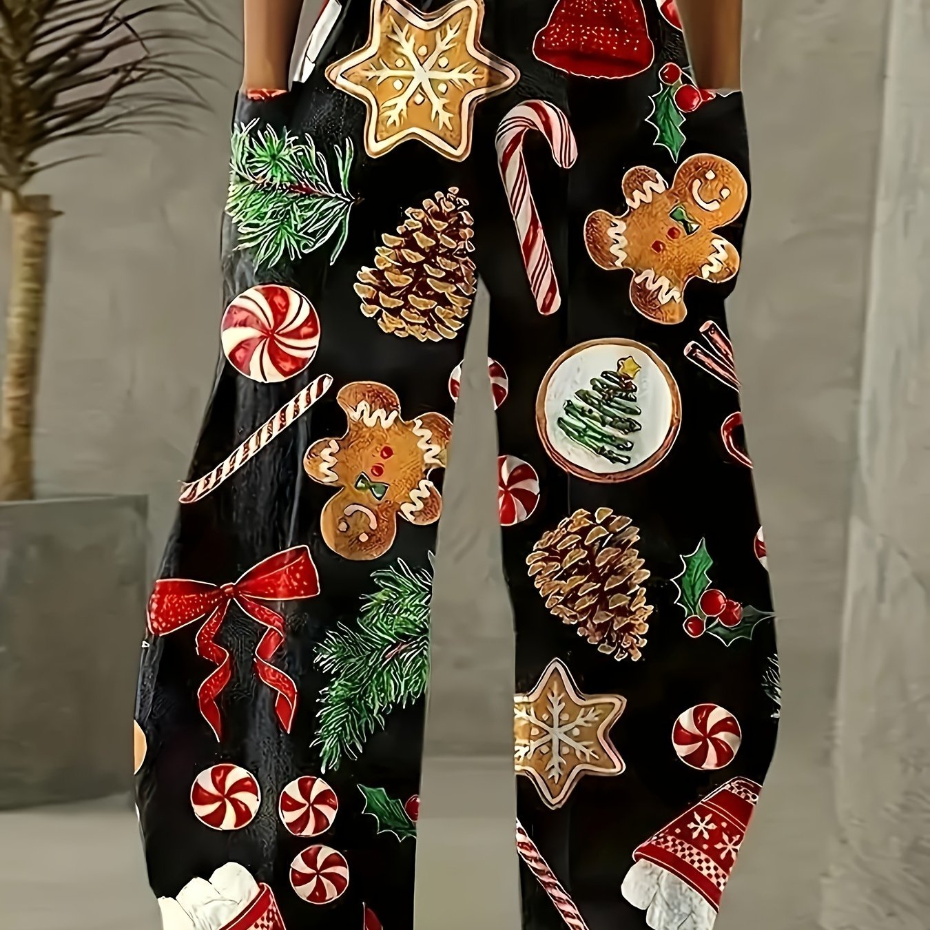 TEMU Christmas Print Wide-leg Pants For Women - Casual Loose Fit With Pockets, Machine Washable, 2024, , Lantern Pants