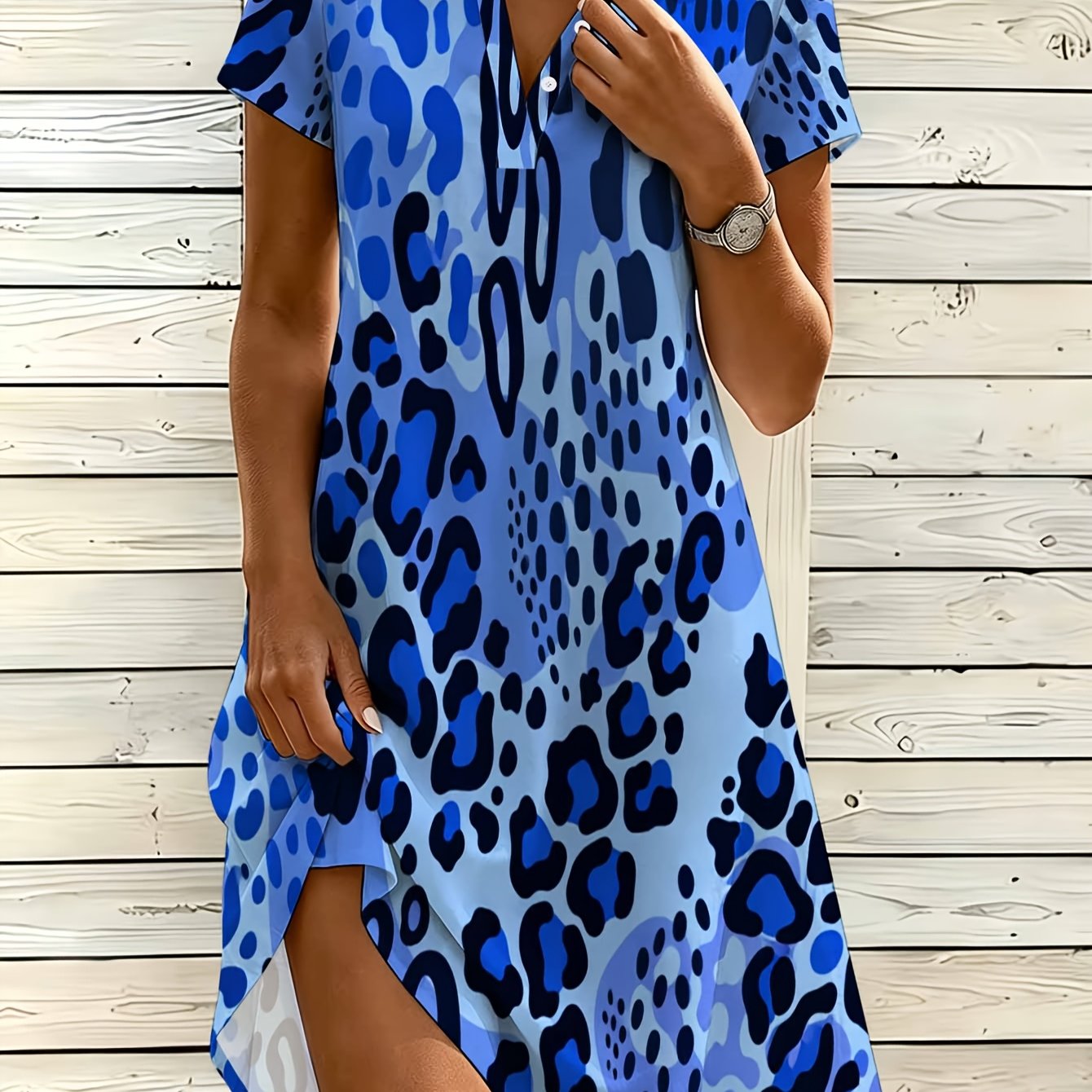 Image of Women's Fashion Shirt Dress, V-neck Button Dress, Gradient Leopard Print