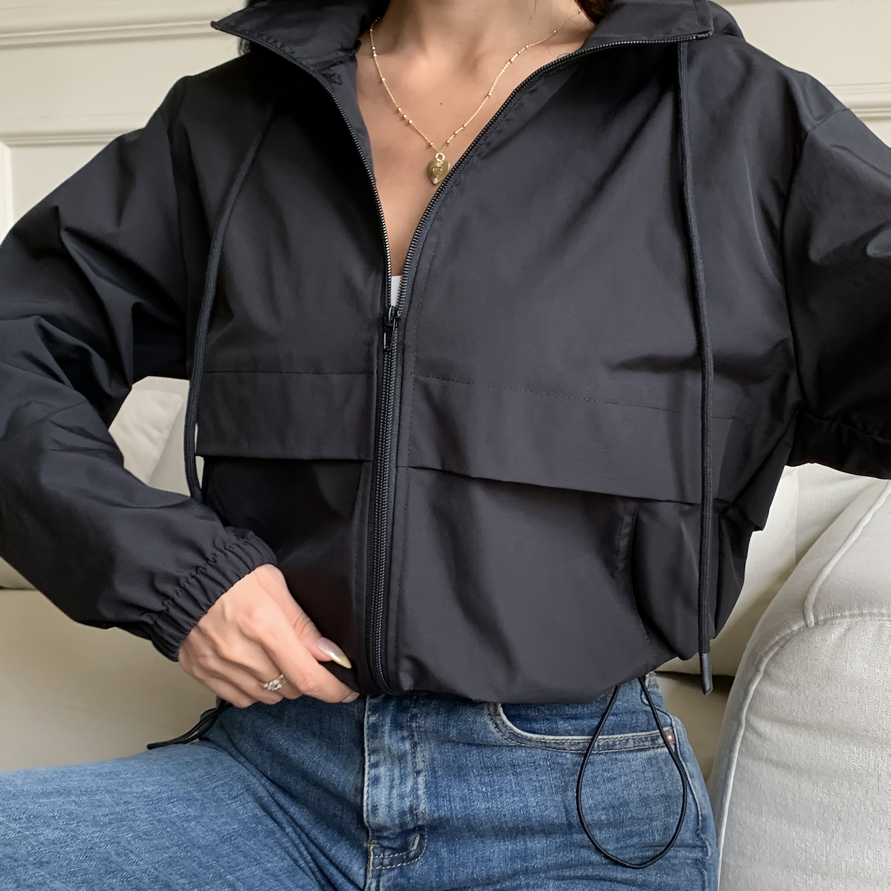 TEMU Women's Casual Hooded Zip-up Jacket - Solid Black, Long Sleeve, Stand Collar, Drawstring Pockets, Spring/fall Fashion Outerwear, Casual Wear
