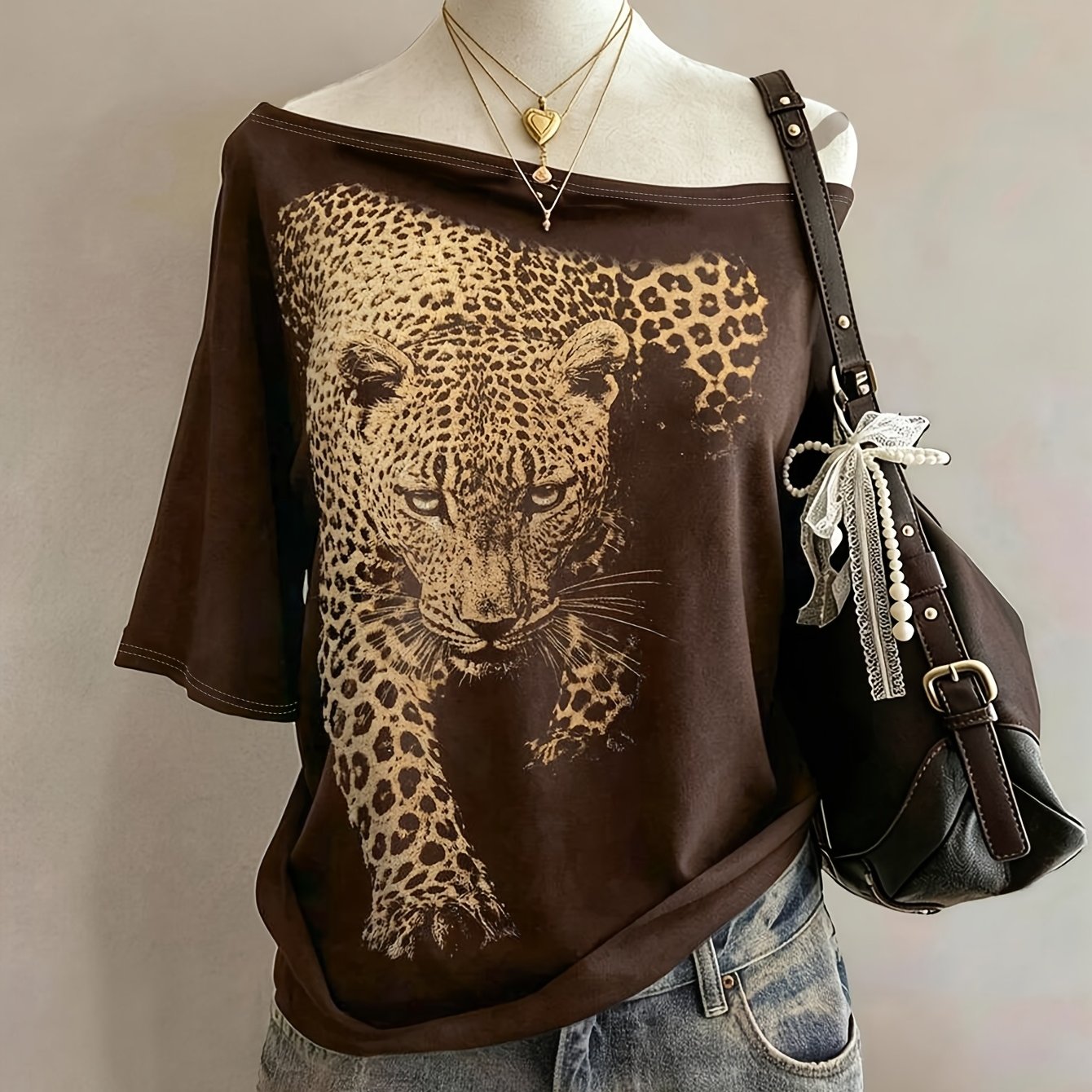 TEMU T-shirt minimaliste à col ras du cou et imprimé léopard