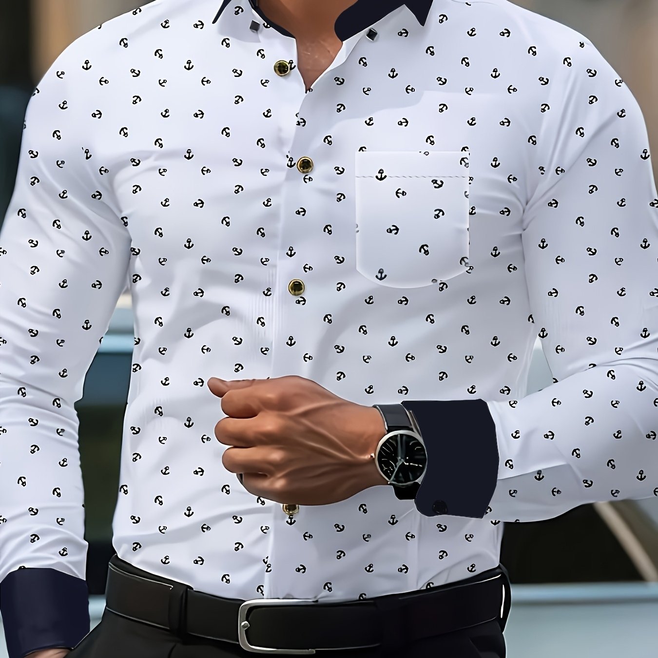 TEMU Men's Slim-fit Printed Shirt- 100% Polyester, Machine Washable, Button Details, , Multi-colored Fabric