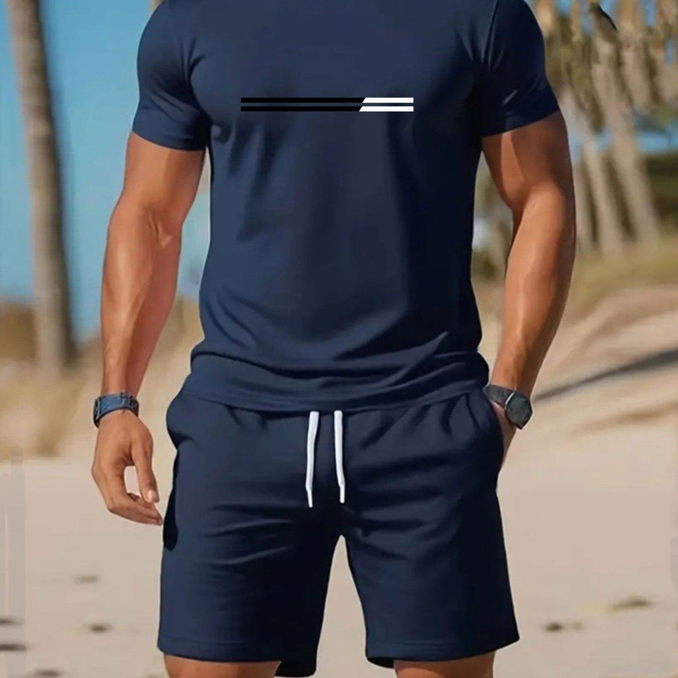 E-shop Ein trendiges zweiteiliges Set für junge Leute in Europa und Amerika, bestehend aus einem Kurzarm-T-Shirt und Shorts mit Kordelzug. Es hat ein
