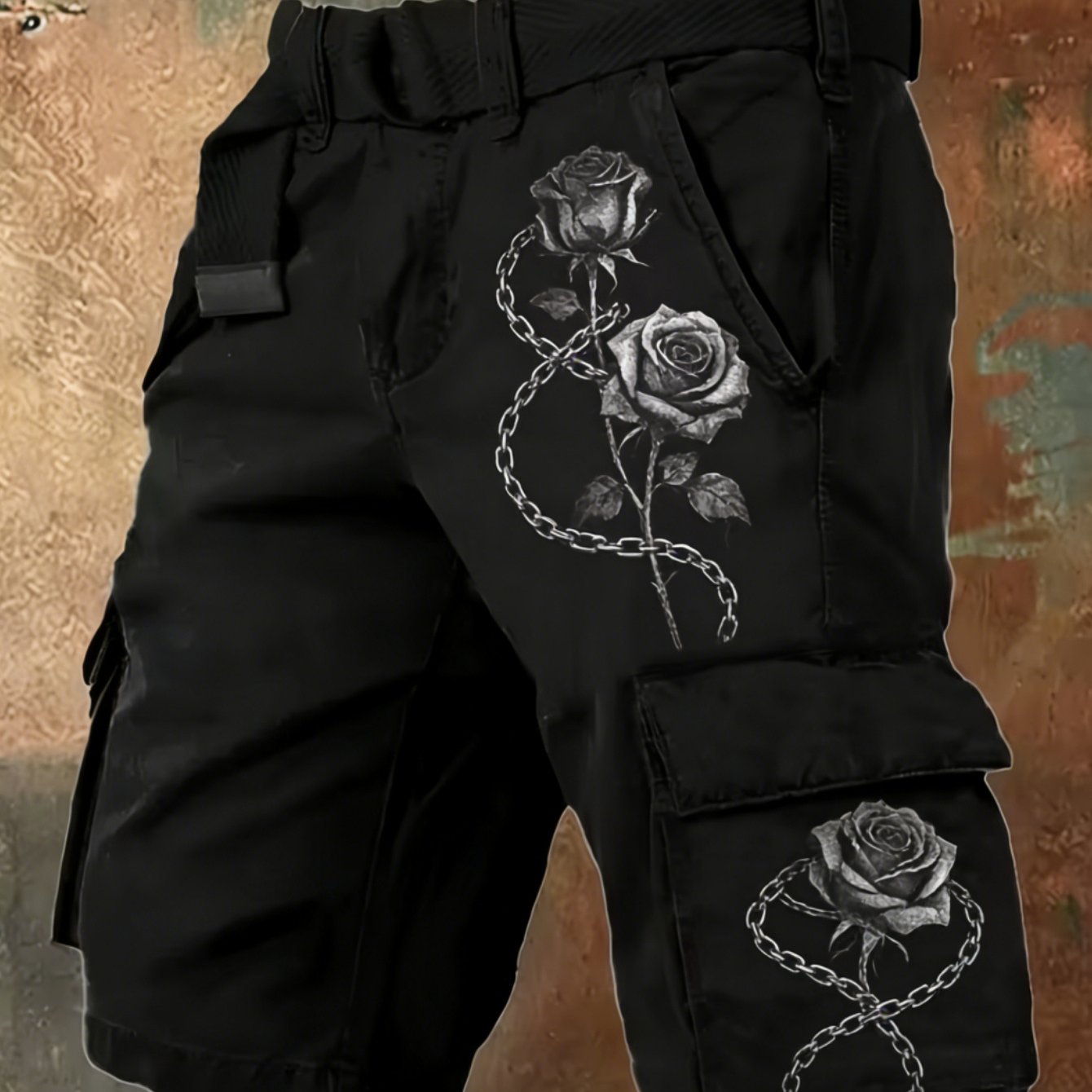 Men's Black Gothic Rose Chain Print Cargo Shorts, Tactical Military Style Multi-pocket Cargo Shorts With Belt
