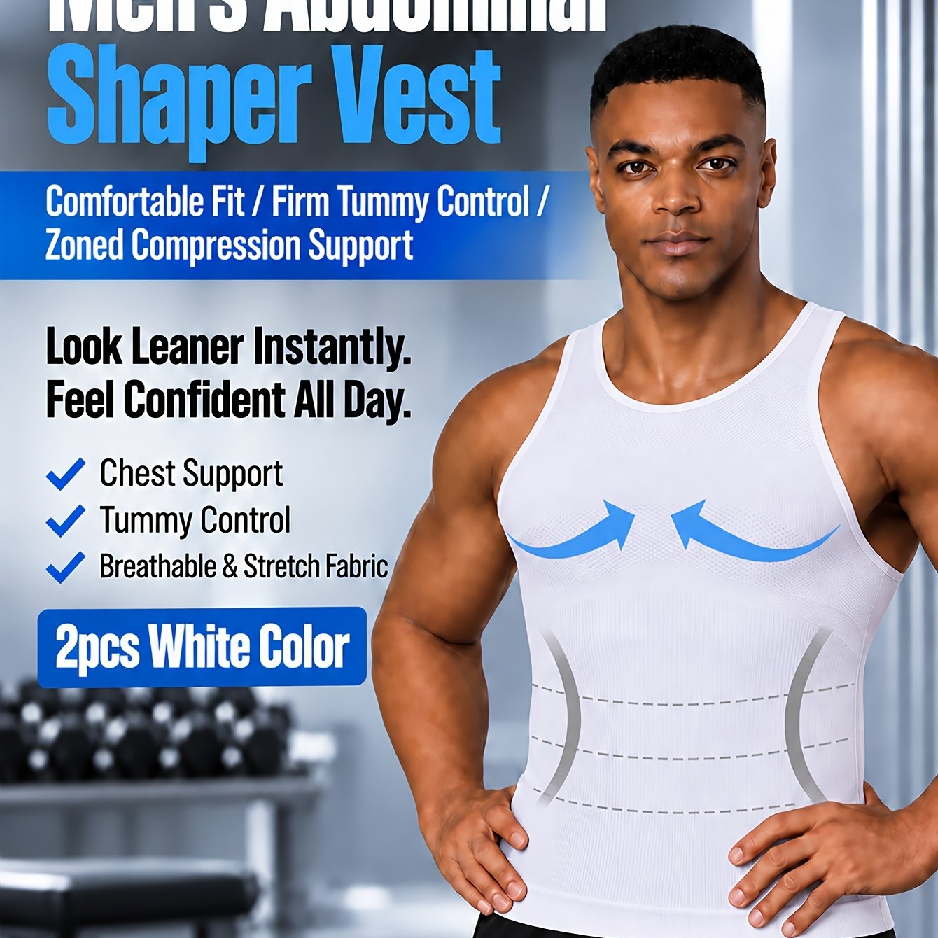 TEMU 2pcs Débardeur de sport couture pour homme, gilet sculptant, taille amincissante, compression de poitrine, contrôle du ventre, base de fitness