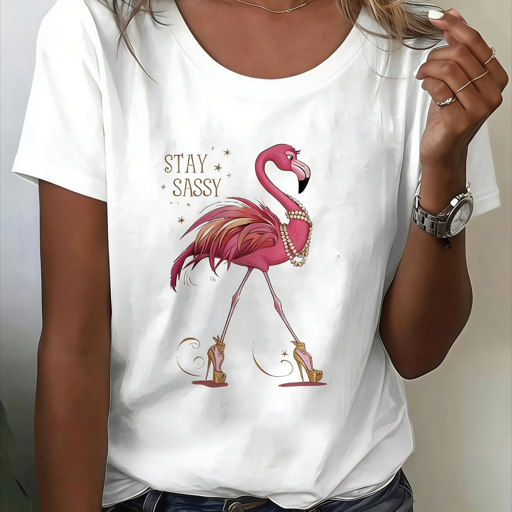 TEMU Women's Casual V-neck Short Sleeve T-shirt-"keep " Design, Short Sleeves, Elastic Fiber, Suitable For Spring And Summer, Women's T-shirt