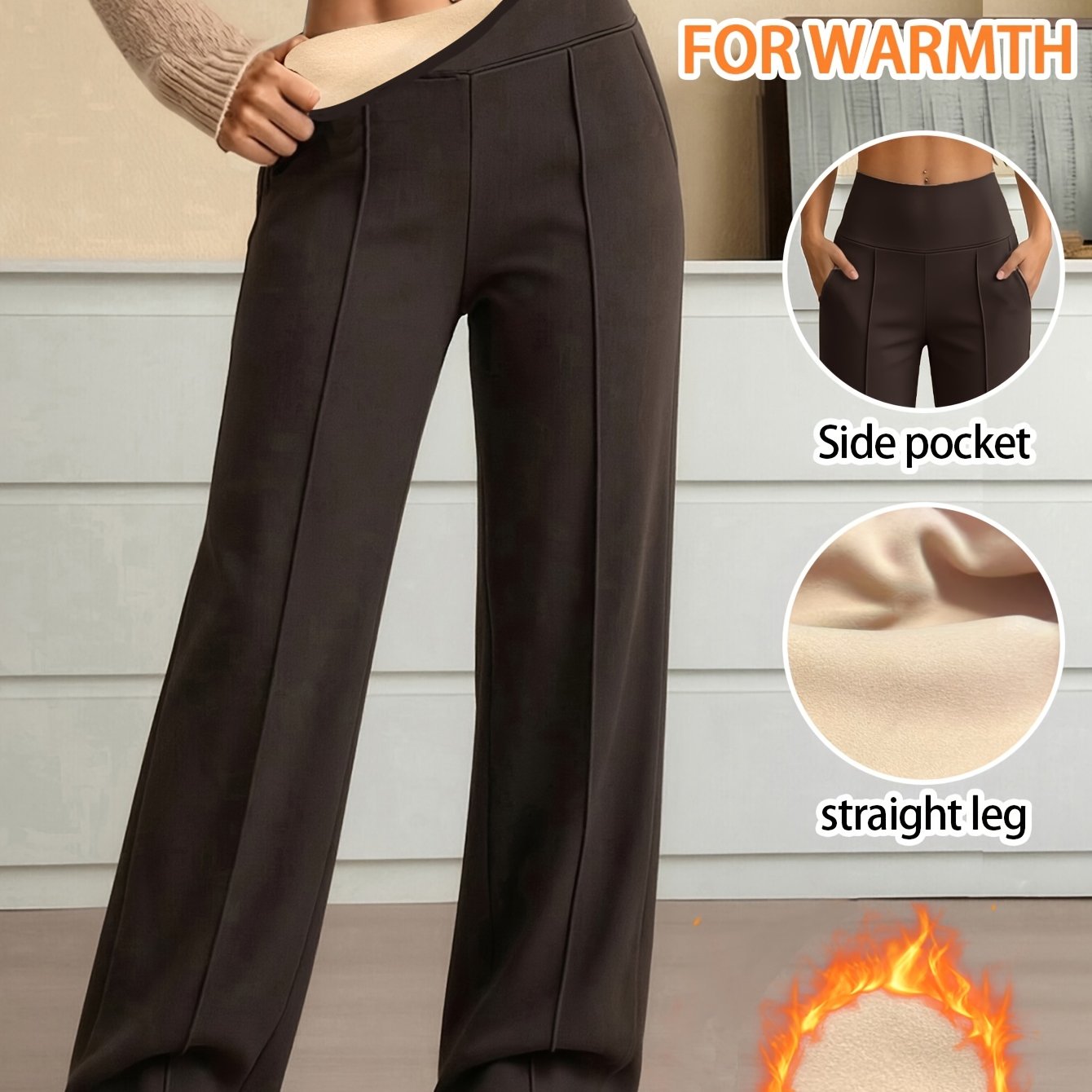 TEMU Winter -lined Thickened Women's High-waist Straight-leg Pants With 2 Pockets, Draped Slim-fit Stretchy Wide-leg Trousers For Running, Fitness,
